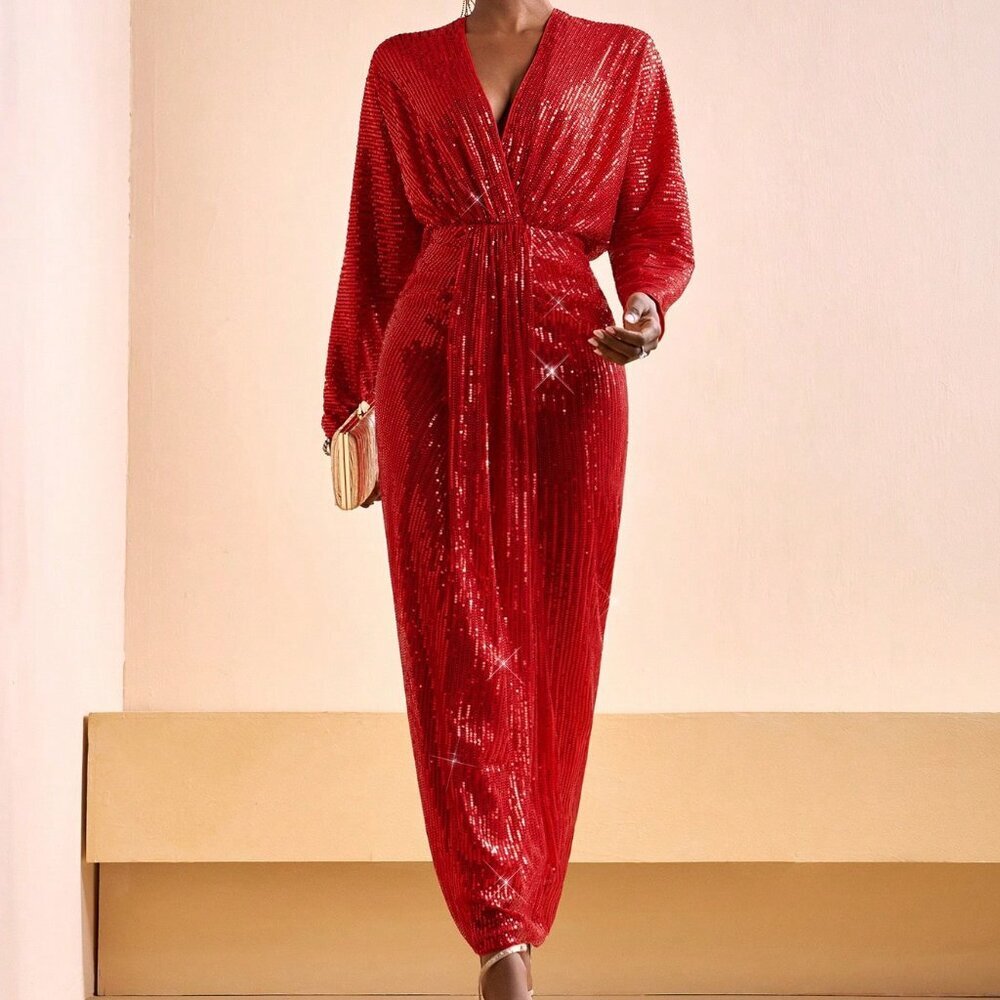 Red Elegant Women's Sequined Beaded Dress